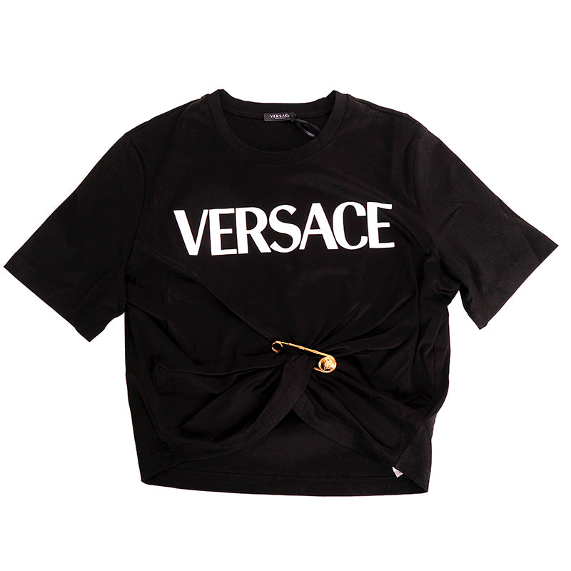 XS 36 NEW $775 VERSACE Black LOGO MEDUSA SMILEY Back T-Shirt Tee w/ SAFETY PIN BROOCH