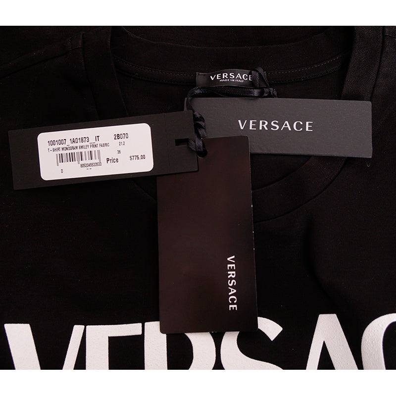 XS 36 NEW $775 VERSACE Black LOGO MEDUSA SMILEY Back T-Shirt Tee w/ SAFETY PIN BROOCH