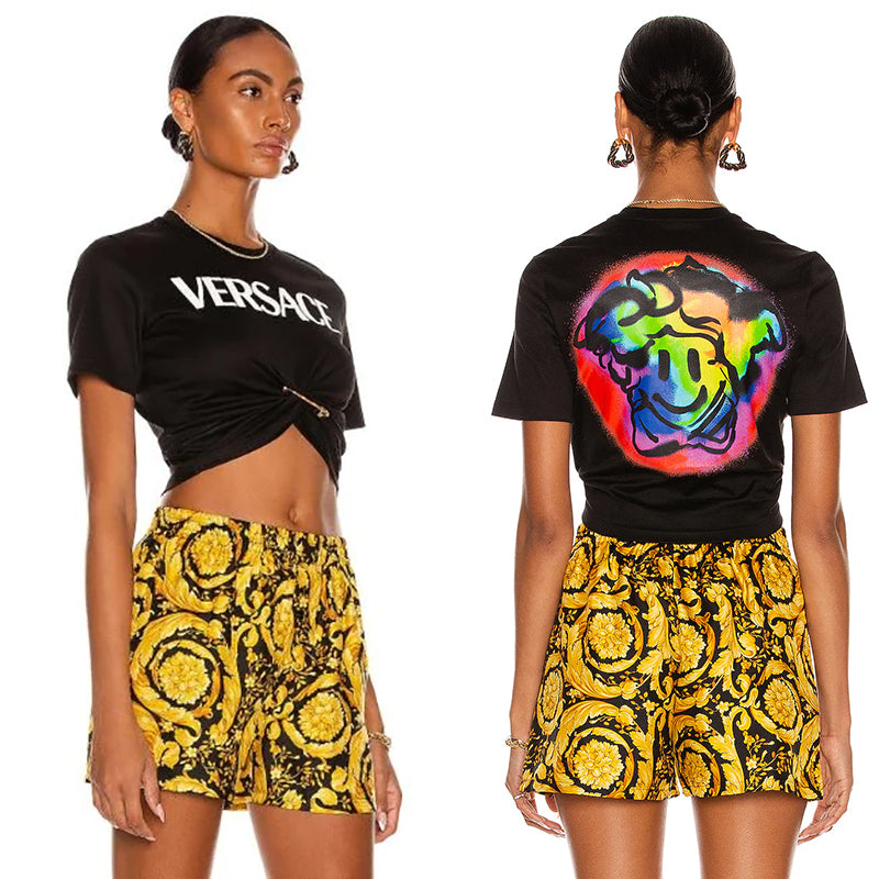 XS 36 NEW $775 VERSACE Black LOGO MEDUSA SMILEY Back T-Shirt Tee w/ SAFETY PIN BROOCH