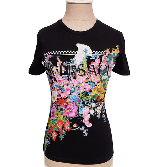 38 NEW $650 VERSACE Black LOGO IN BLOOM Jersey Stretch FITTED T-Shirt TEE TOP XS
