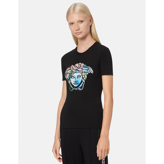 38 NEW $725 VERSACE Black LOGO RAINBOW MEDUSA CRYSTAL Fitted T-SHIRT TOP TEE
