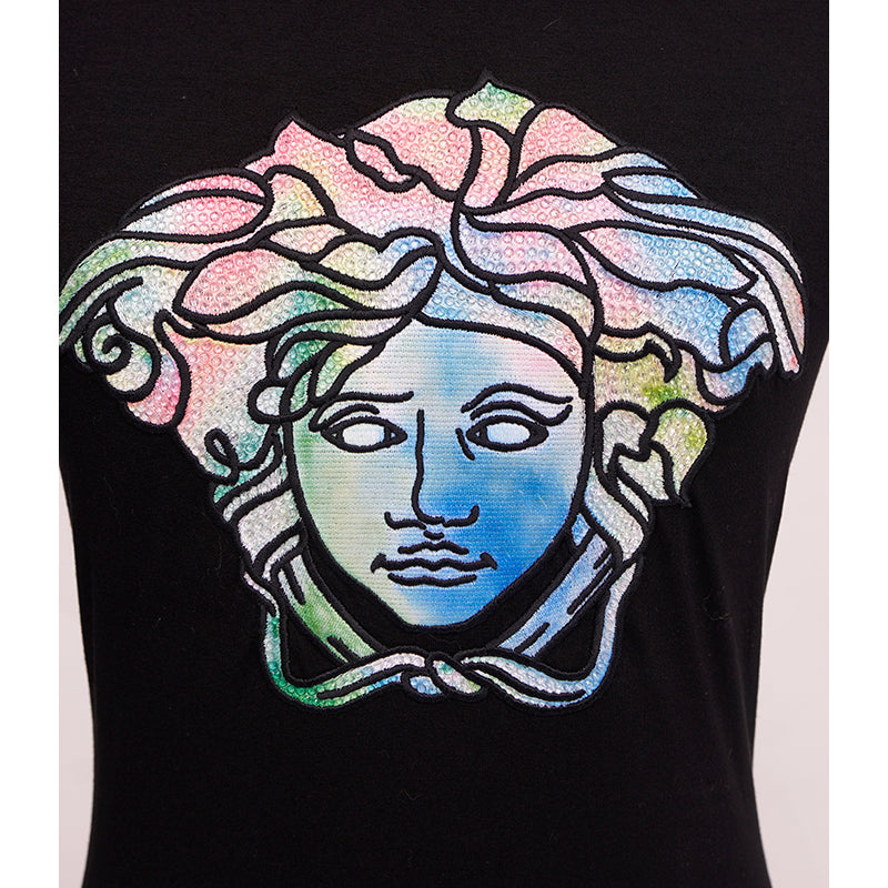 38 NEW $725 VERSACE Black LOGO RAINBOW MEDUSA CRYSTAL Fitted T-SHIRT TOP TEE