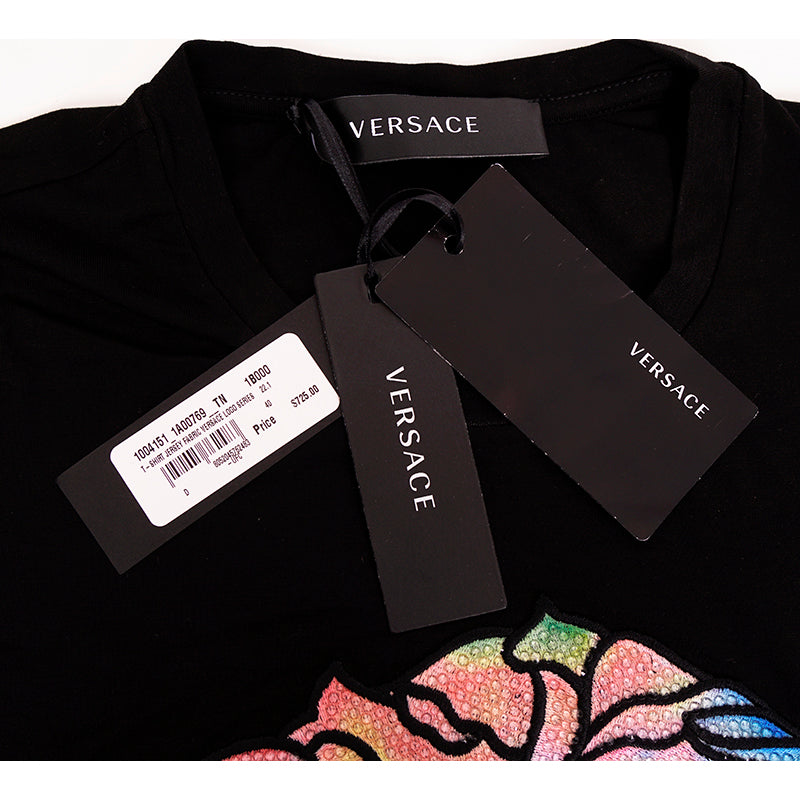 38 NEW $725 VERSACE Black LOGO RAINBOW MEDUSA CRYSTAL Fitted T-SHIRT TOP TEE