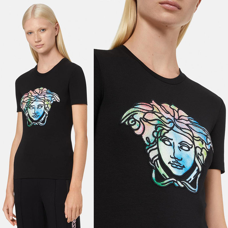 38 NEW $725 VERSACE Black LOGO RAINBOW MEDUSA CRYSTAL Fitted T-SHIRT TOP TEE