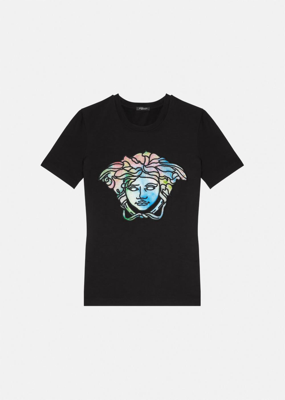 38 NEW $725 VERSACE Black LOGO RAINBOW MEDUSA CRYSTAL Fitted T-SHIRT TOP TEE