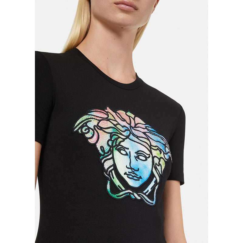 38 NEW $725 VERSACE Black LOGO RAINBOW MEDUSA CRYSTAL Fitted T-SHIRT TOP TEE