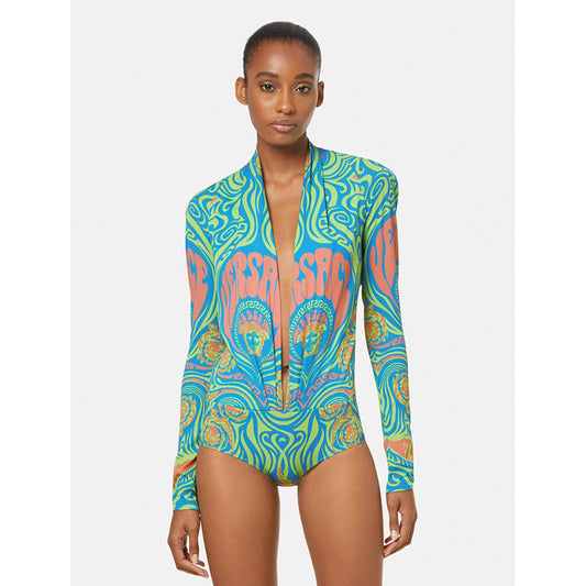 38 NEW $1125 VERSACE Blue Medusa Logo Music Long Sleeve BODYSUIT BLOUSE TOP