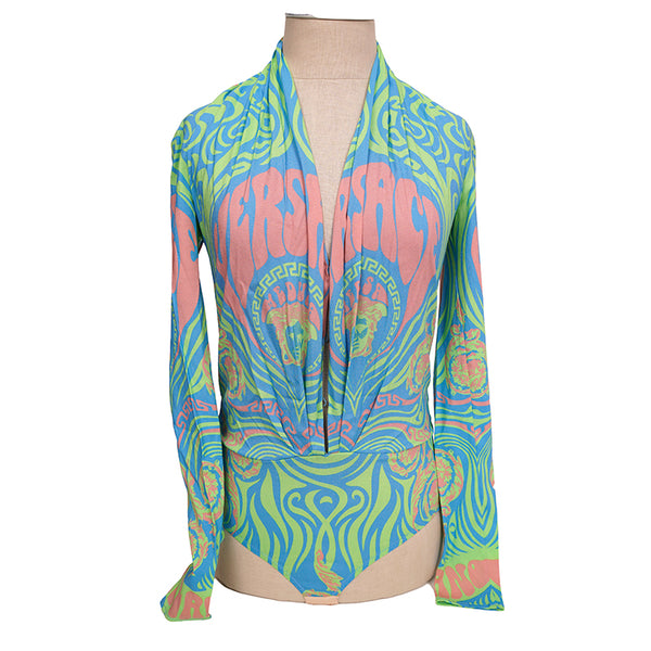 38/40/42 NEW $1125 VERSACE Blue Medusa Logo Music Long Sleeve BODYSUIT BLOUSE TOP