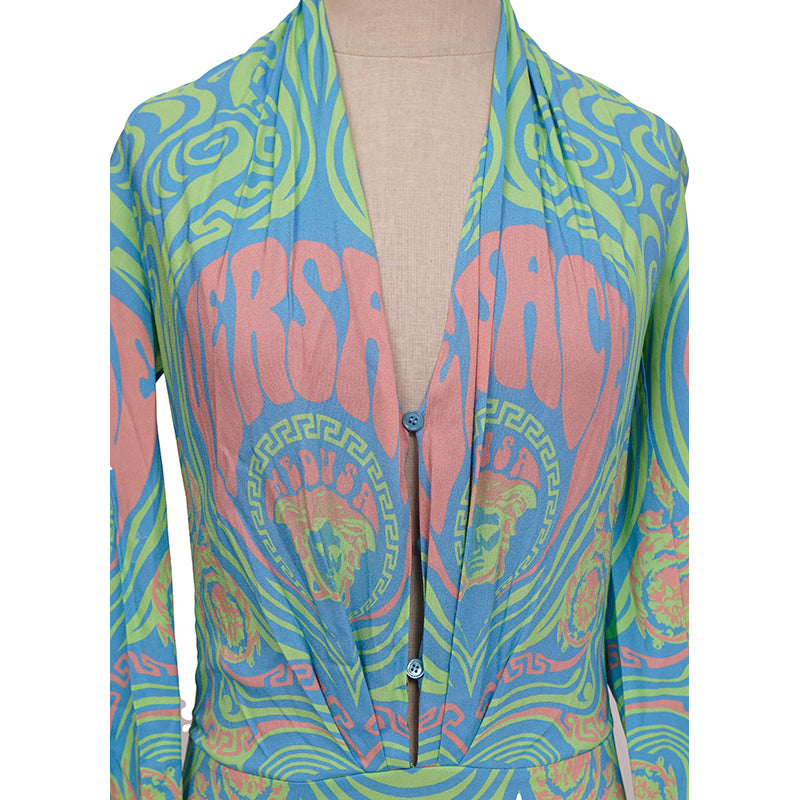 38 NEW $1125 VERSACE Blue Medusa Logo Music Long Sleeve BODYSUIT BLOUSE TOP