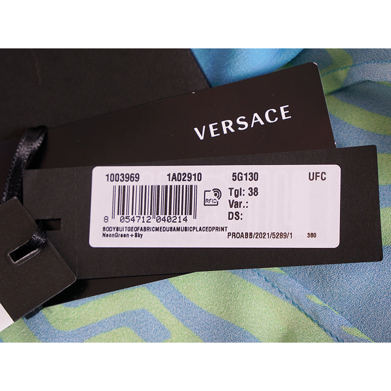 38 NEW $1125 VERSACE Blue Medusa Logo Music Long Sleeve BODYSUIT BLOUSE TOP