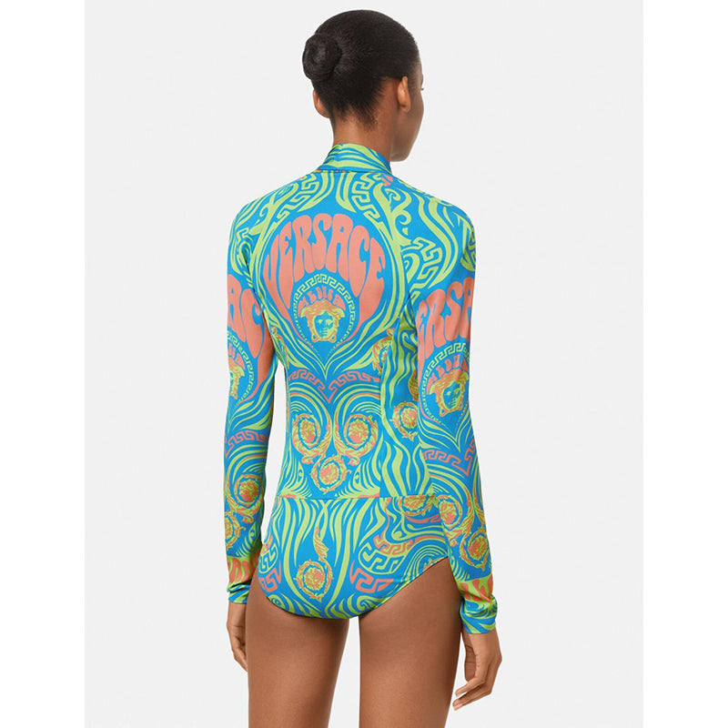 38 NEW $1125 VERSACE Blue Medusa Logo Music Long Sleeve BODYSUIT BLOUSE TOP