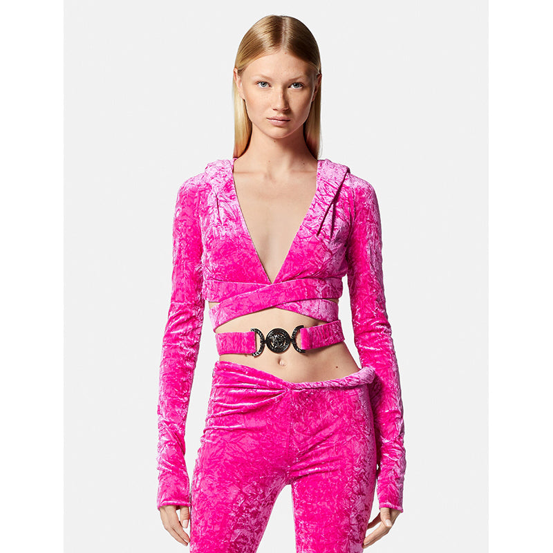 sz 38 NEW $1,625 VERSACE RUNWAY Pink Velvet Jersey WRAP AROUND MEDUSA Hoodie TOP