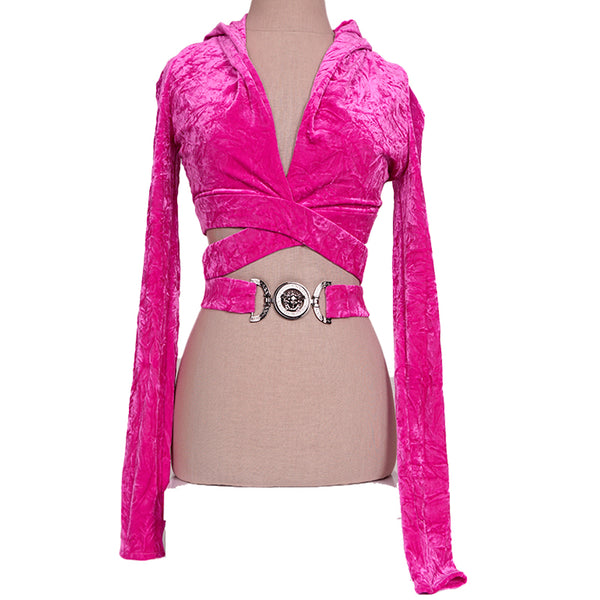 sz 38 NEW $1,625 VERSACE RUNWAY Pink Velvet Jersey WRAP AROUND MEDUSA Hoodie TOP