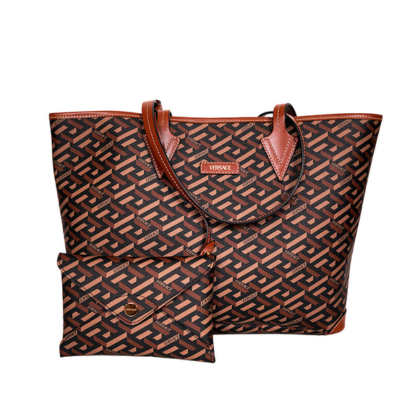 NEW $995 VERSACE Caramel LA GRECA Signature MEDIUM Open Top TOTE BAG w/ POUCH