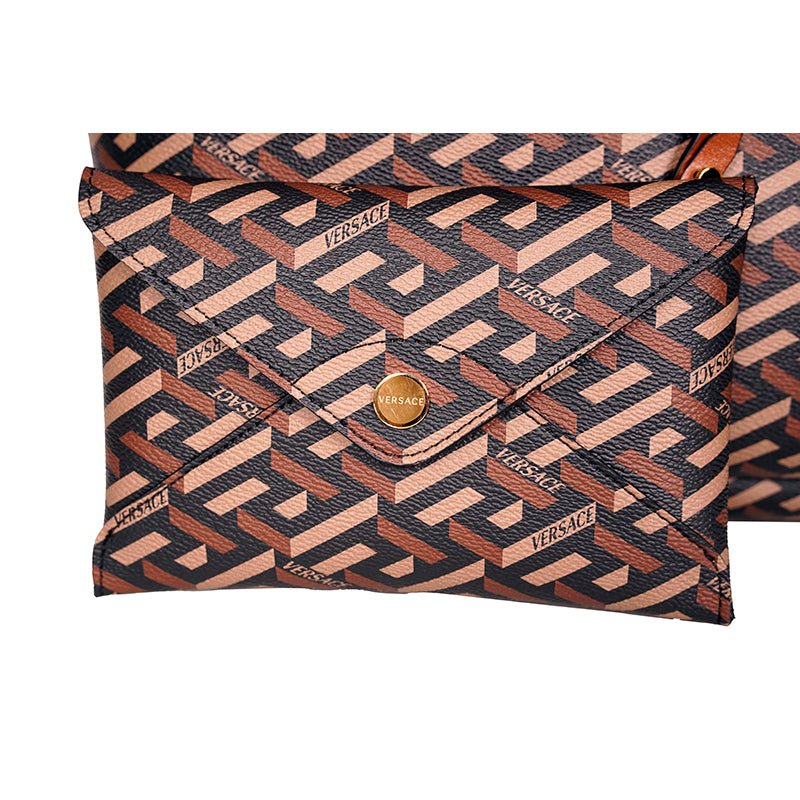 NEW $995 VERSACE Caramel LA GRECA Signature MEDIUM Open Top TOTE BAG w/ POUCH