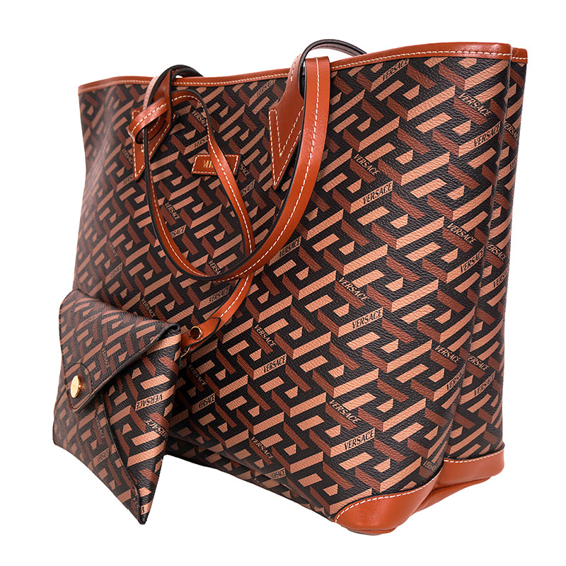 NEW $995 VERSACE Caramel LA GRECA Signature MEDIUM Open Top TOTE BAG w/ POUCH