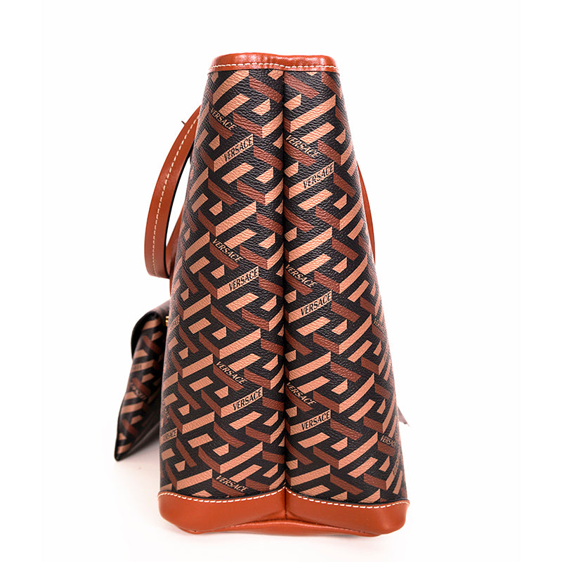 NEW $995 VERSACE Caramel LA GRECA Signature MEDIUM Open Top TOTE BAG w/ POUCH