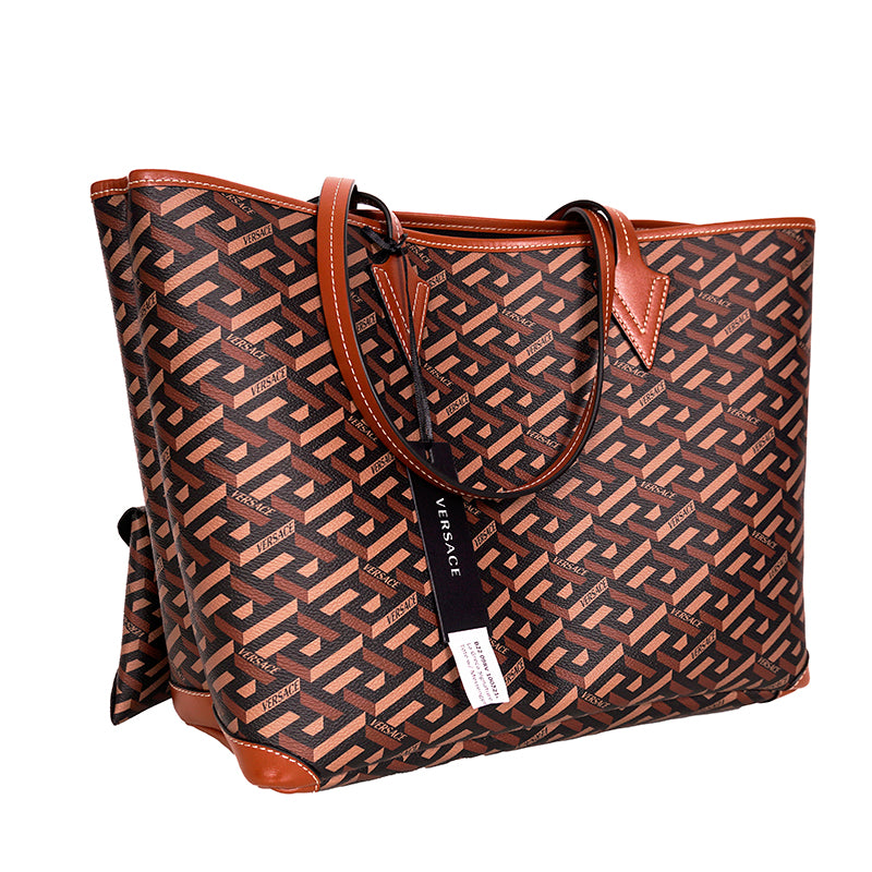 NEW $995 VERSACE Caramel LA GRECA Signature MEDIUM Open Top TOTE BAG w/ POUCH