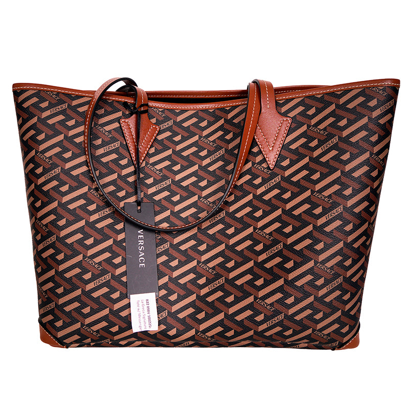NEW $995 VERSACE Caramel LA GRECA Signature MEDIUM Open Top TOTE BAG w/ POUCH