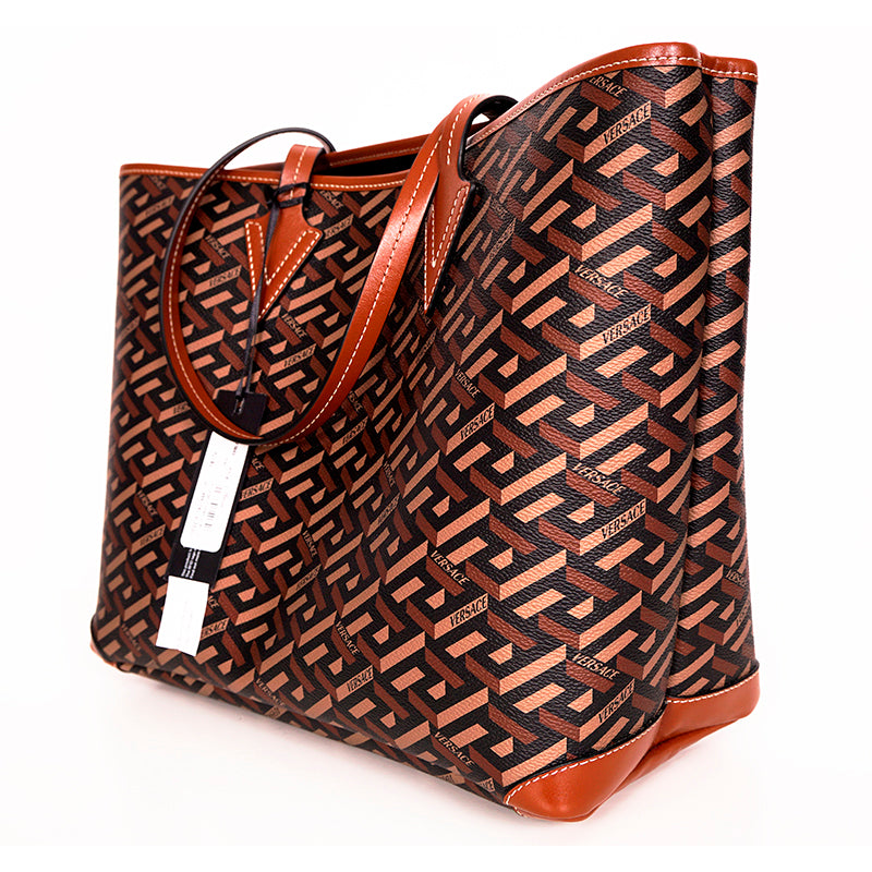 NEW $995 VERSACE Caramel LA GRECA Signature MEDIUM Open Top TOTE BAG w/ POUCH