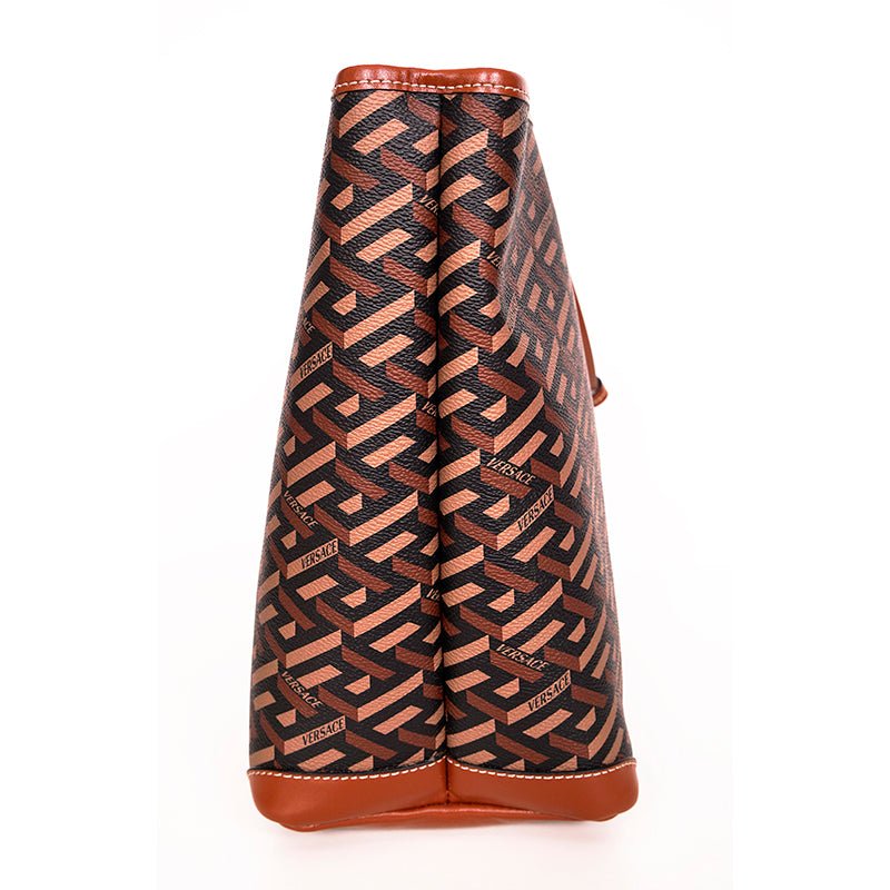 NEW $995 VERSACE Caramel LA GRECA Signature MEDIUM Open Top TOTE BAG w/ POUCH
