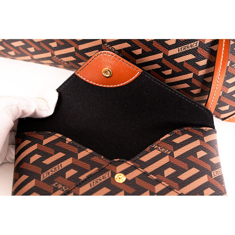 NEW $995 VERSACE Caramel LA GRECA Signature MEDIUM Open Top TOTE BAG w/ POUCH