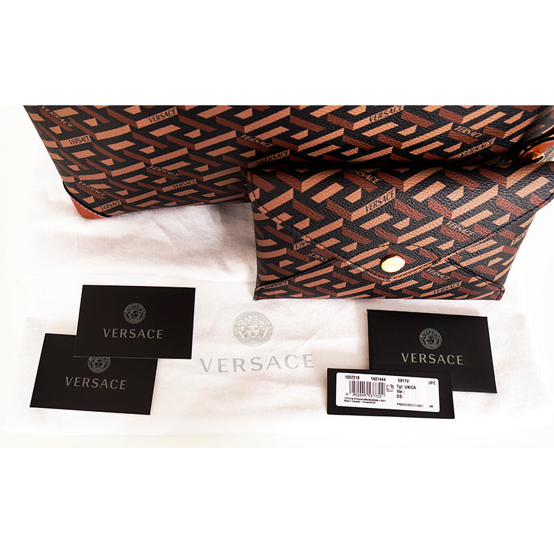 NEW $995 VERSACE Caramel LA GRECA Signature MEDIUM Open Top TOTE BAG w/ POUCH