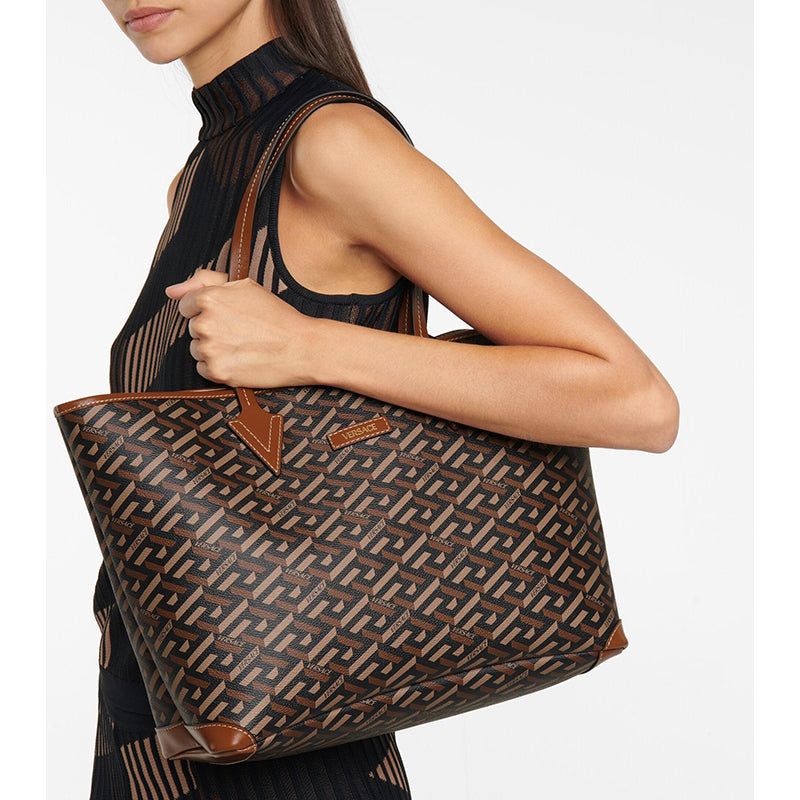 NEW $995 VERSACE Caramel LA GRECA Signature MEDIUM Open Top TOTE BAG w/ POUCH