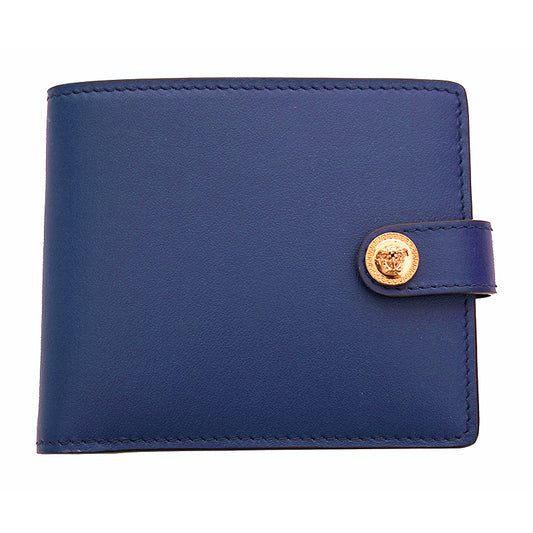 NEW $550 VERSACE Blue Leather GOLD MEDUSA LOGO Snap Closure Bi-Fold WALLET NIB