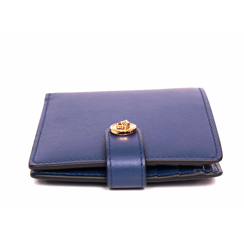 NEW $550 VERSACE Blue Leather GOLD MEDUSA LOGO Snap Closure Bi-Fold WALLET NIB