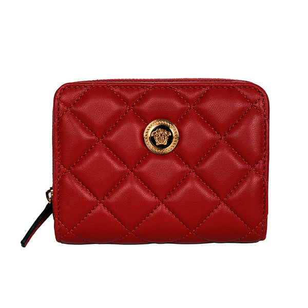 NEW $625 VERSACE Red Leather Quilted GOLD MEDUSA Zip Pouch BI-FOLD Snap WALLET