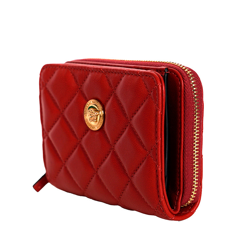 NEW $625 VERSACE Red Leather Quilted GOLD MEDUSA Zip Pouch BI-FOLD Snap WALLET