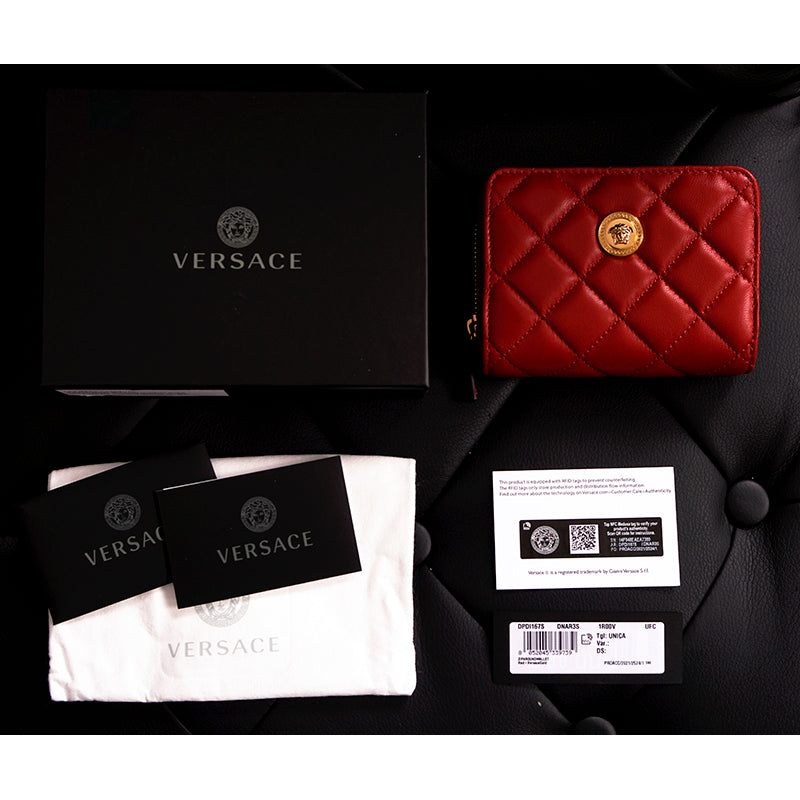 NEW $625 VERSACE Red Leather Quilted GOLD MEDUSA Zip Pouch BI-FOLD Snap WALLET