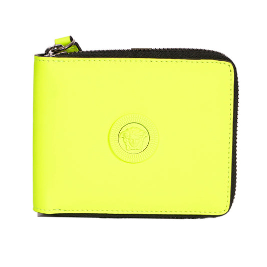 NEW $625 VERSACE Fluorescent NEON Yellow Rubber MEDUSA BIGGIE Bifold ZIP WALLET