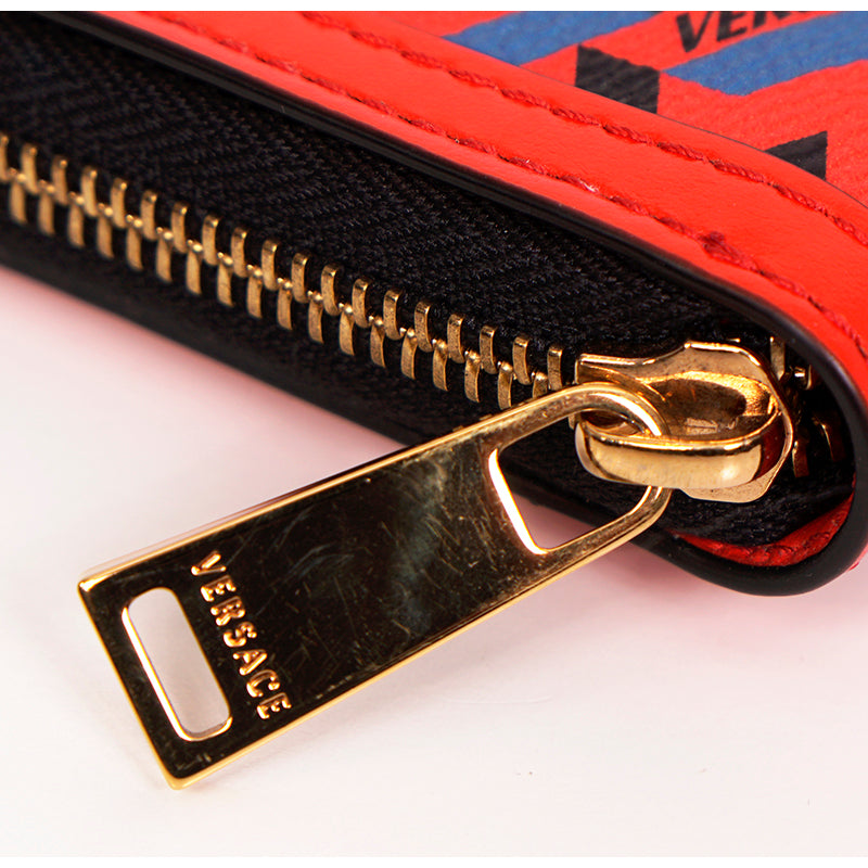 NEW $450 VERSACE RUNWAY Red Coated Canvas LA GRECA MODULAR Compact ZIP WALLET