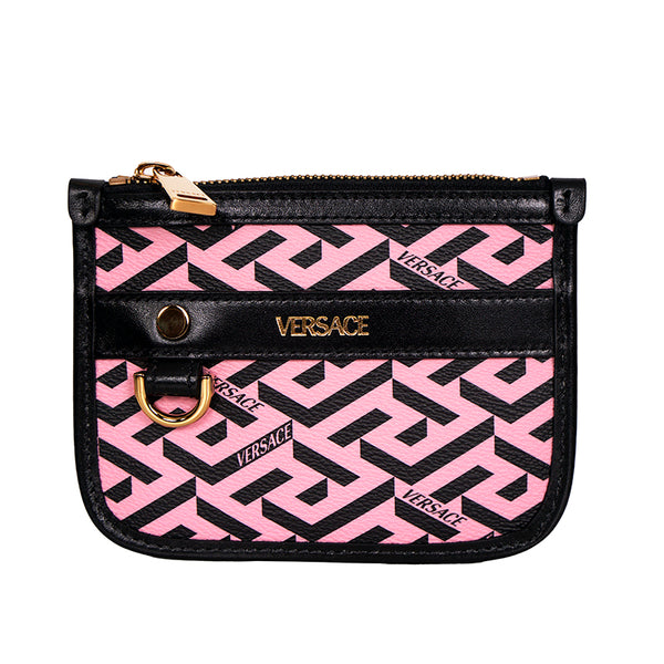 NEW $250 VERSACE Pink Coated Canvas LA GRECA Coin Purse MODULAR POUCH Travel BAG