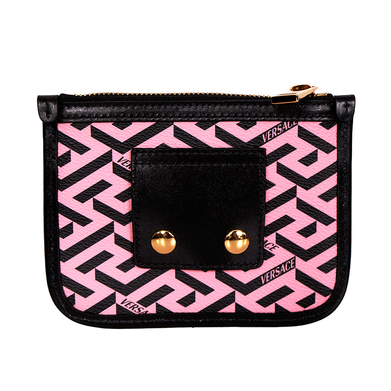 NEW $250 VERSACE Pink Coated Canvas LA GRECA Coin Purse MODULAR POUCH Travel BAG