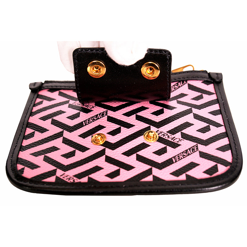 NEW $250 VERSACE Pink Coated Canvas LA GRECA Coin Purse MODULAR POUCH Travel BAG