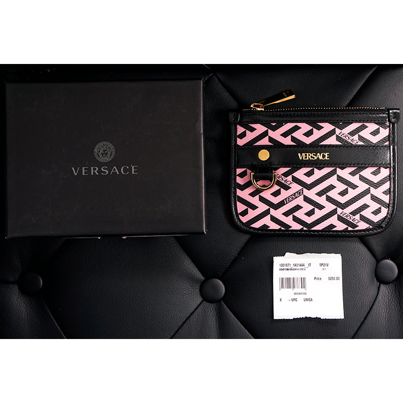 NEW $250 VERSACE Pink Coated Canvas LA GRECA Coin Purse MODULAR POUCH Travel BAG