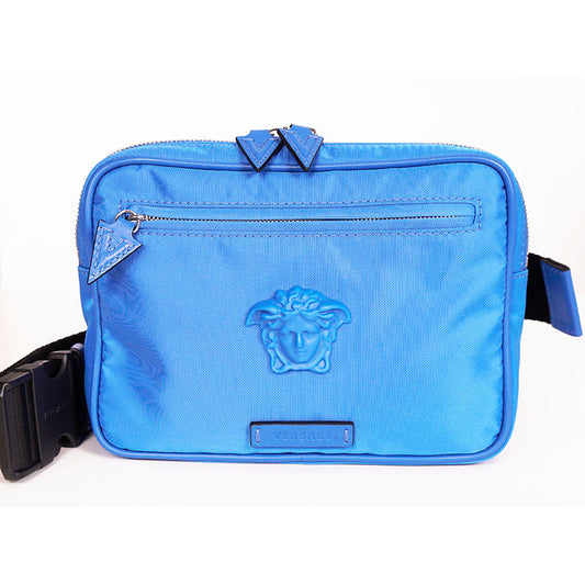 NEW $925 VERSACE Men's RUNWAY Blue Nylon LA MEDUSA LOGO Sling SMALL BELT BAG