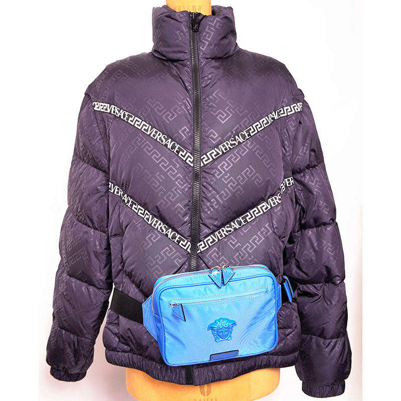 NEW $925 VERSACE Men's RUNWAY Blue Nylon LA MEDUSA LOGO Sling SMALL BELT BAG