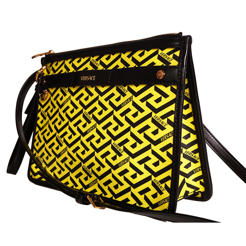 NEW $1,190 VERSACE Yellow & Black LA GRECA Signature MEDIUM Pouch CROSSBODY BAG