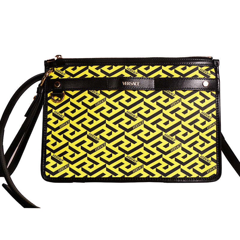 NEW $1,190 VERSACE Yellow & Black LA GRECA Signature MEDIUM Pouch CROSSBODY BAG