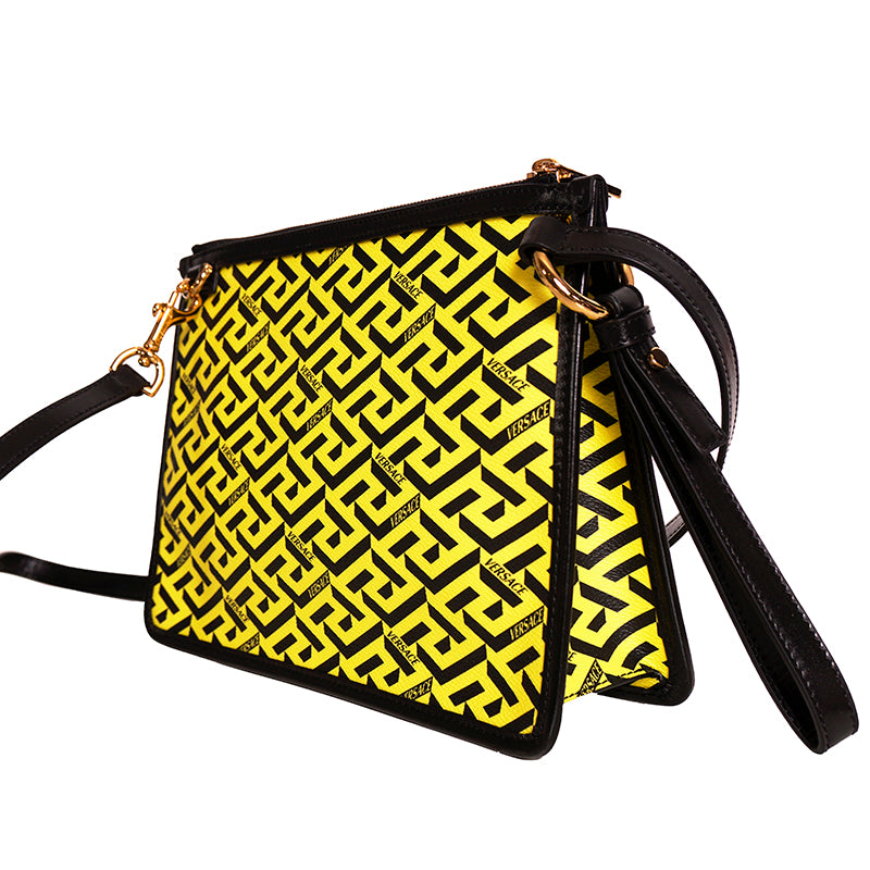 NEW $1,190 VERSACE Yellow & Black LA GRECA Signature MEDIUM Pouch CROSSBODY BAG