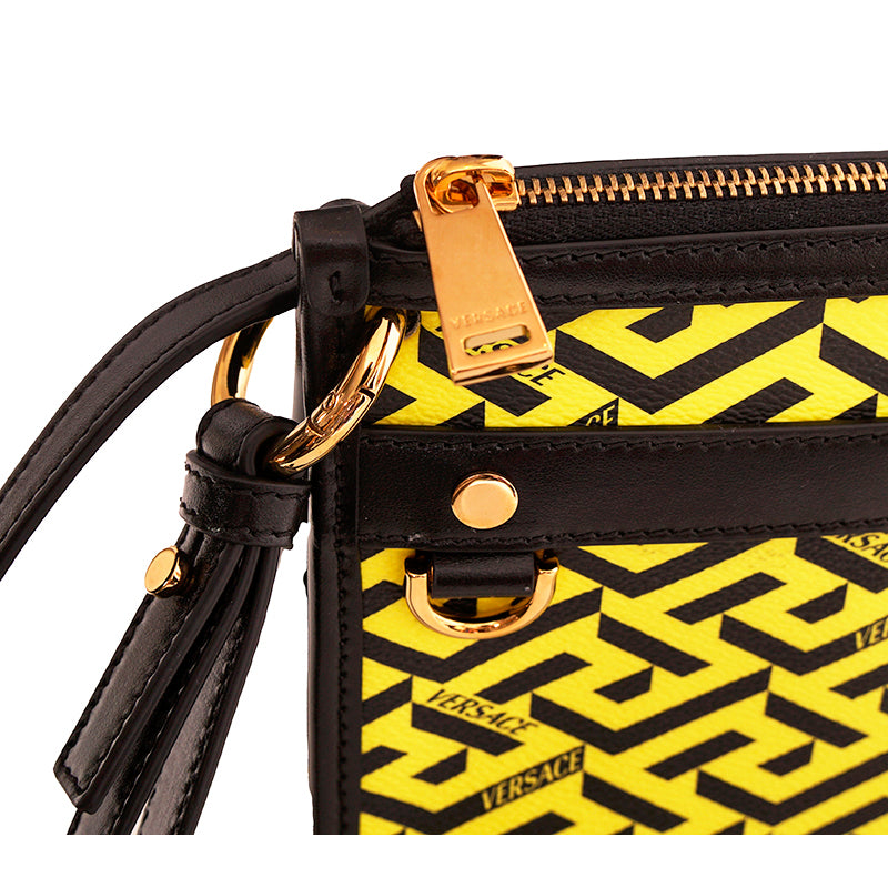 NEW $1,190 VERSACE Yellow & Black LA GRECA Signature MEDIUM Pouch CROSSBODY BAG