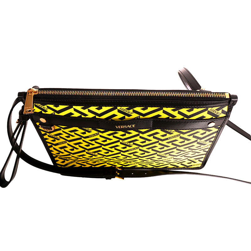 NEW $1,190 VERSACE Yellow & Black LA GRECA Signature MEDIUM Pouch CROSSBODY BAG
