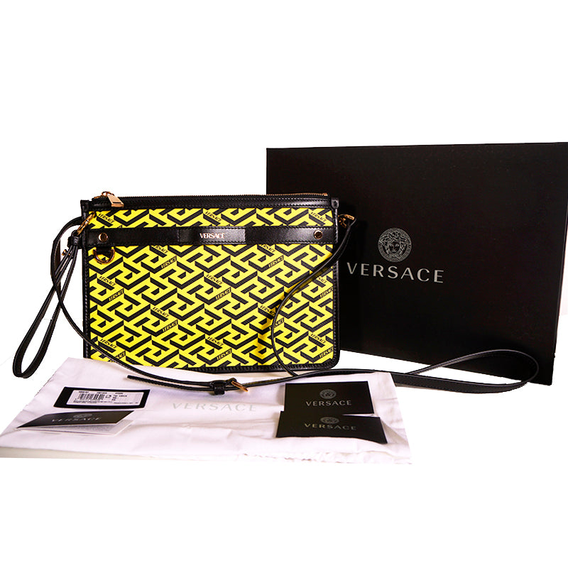 NEW $1,190 VERSACE Yellow & Black LA GRECA Signature MEDIUM Pouch CROSSBODY BAG