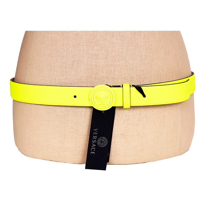 sz 90/36, 95/38, 100/40, 105/42 NEW $525 VERSACE Neon Yellow BIGGIE MEDUSA LOGO BUCKLE Leather BELT