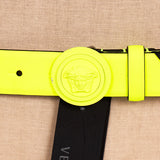 sz 90/36, 95/38, 100/40, 105/42 NEW $525 VERSACE Neon Yellow BIGGIE MEDUSA LOGO BUCKLE Leather BELT