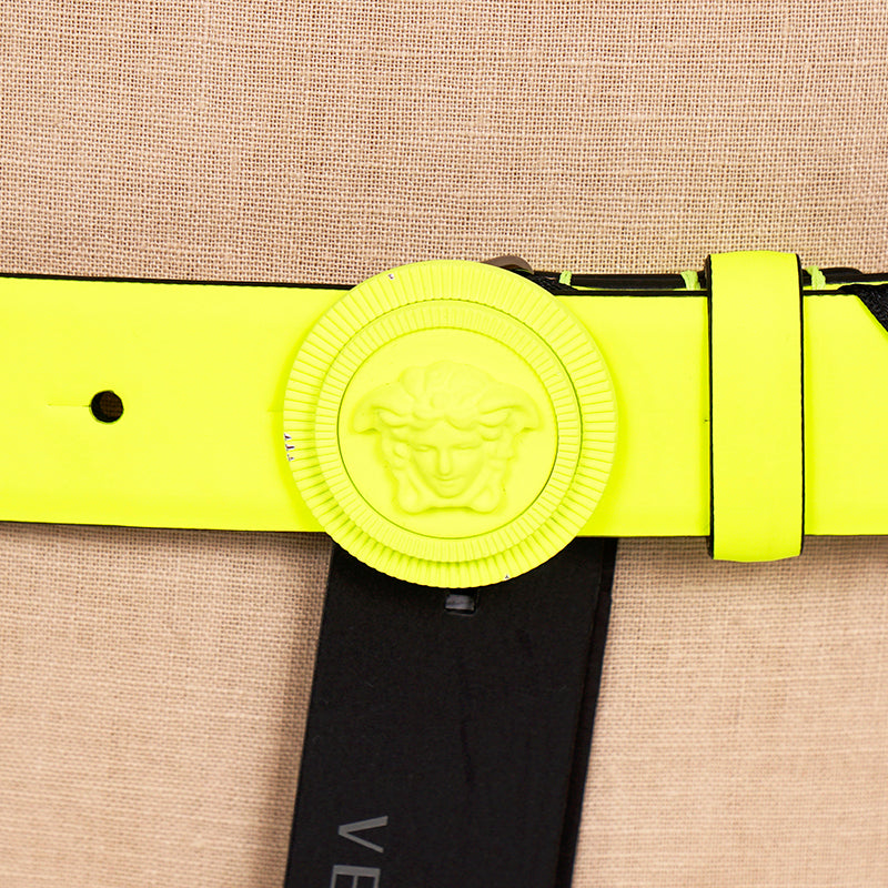 sz 90/36, 95/38, 100/40, 105/42 NEW $525 VERSACE Neon Yellow BIGGIE MEDUSA LOGO BUCKLE Leather BELT